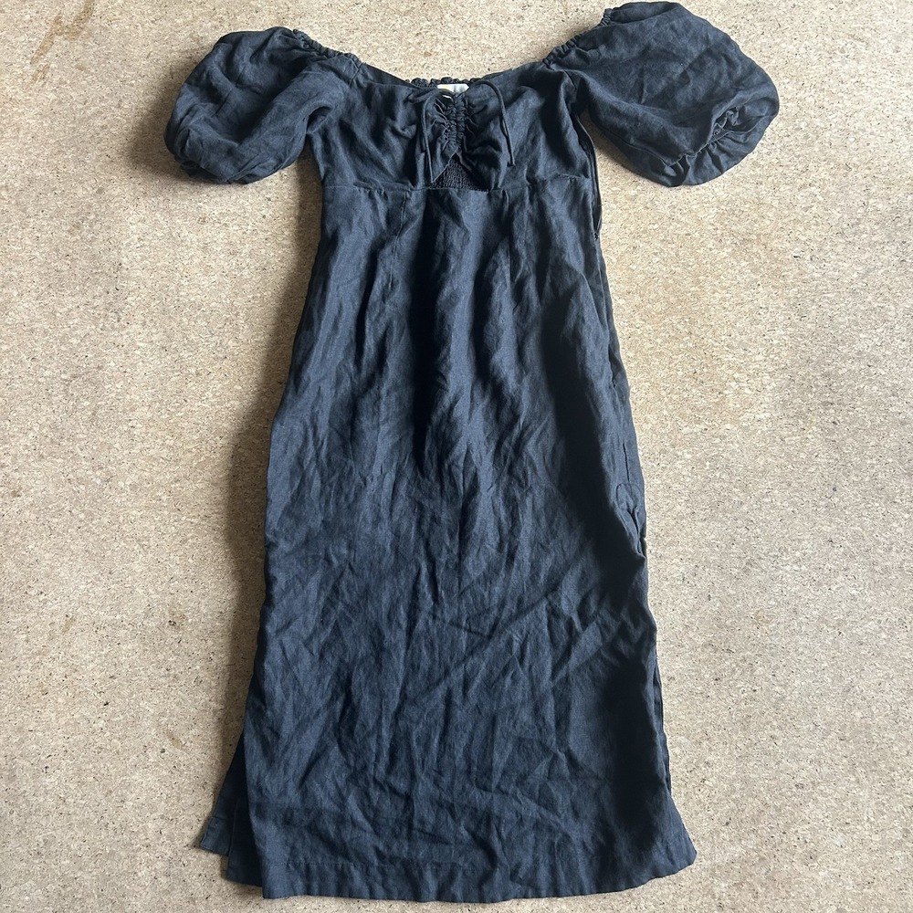 Boden Black Linen Midi Dress Puff Sleeve Cutout Size 4 1 RVB001 JUL RAIL
